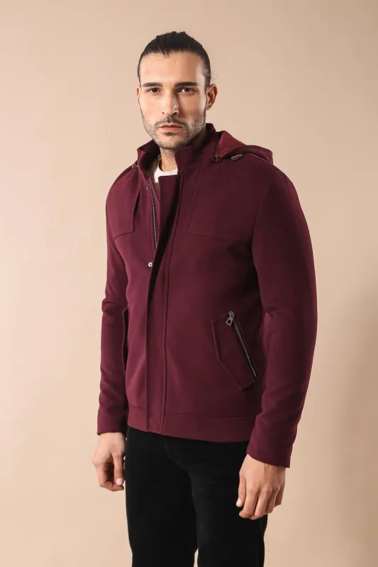 Zippered Sleeve Hooded Burgundy Coat - Wessi sold by Wessi