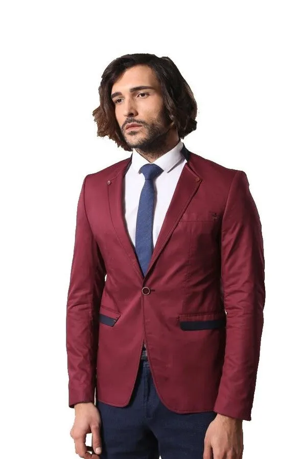 Crew Neck Burgundy Men Blazer - Wessi sold by Wessi
