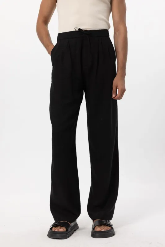 Men's Black Belted Linen Blend Pants - Wessi sold by Wessi