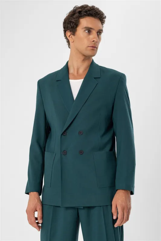 Men's Green Double Breasted  Blazer Jacket with Bag Pocket - Wessi sold by Wessi