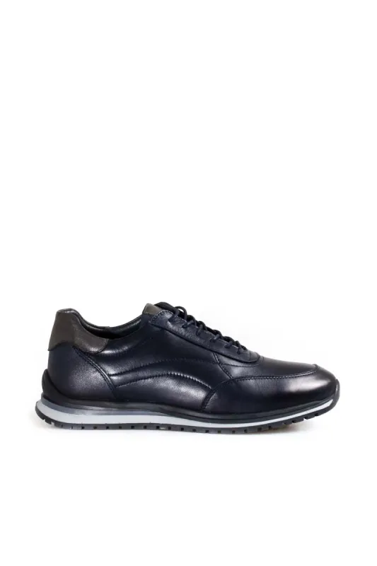 Men's Navy Blue Casual Leather Sneakers with Grey Accents - Wessi sold by Wessi