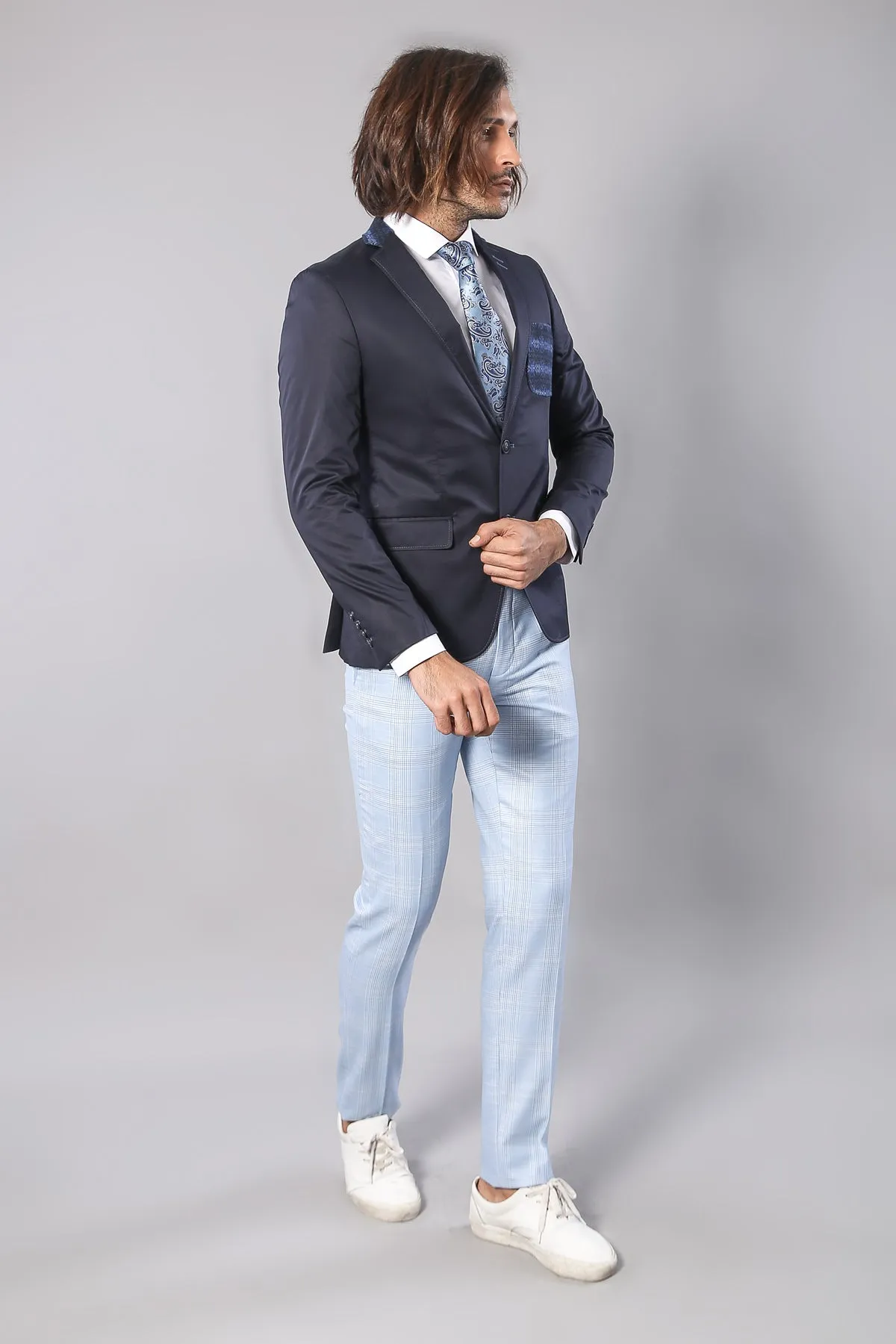 Double Buttons Knit Collar Mono Lapel Navy Blue Jacket-Wessi sold by Wessi product image thumbnail 3