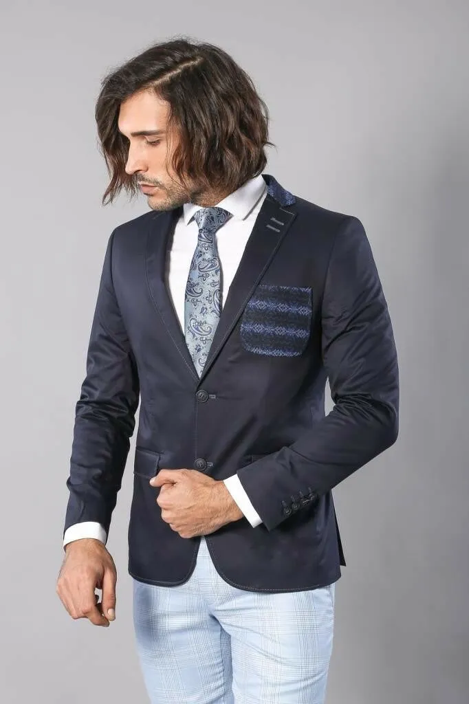 Double Buttons Knit Collar Mono Lapel Navy Blue Jacket-Wessi sold by Wessi