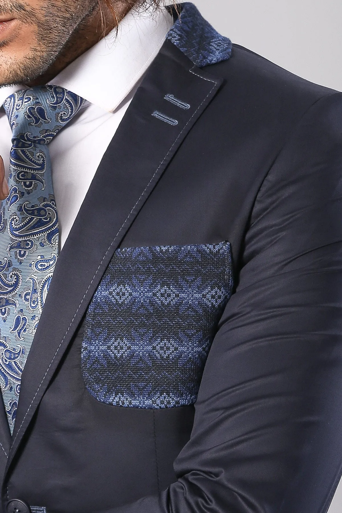 Double Buttons Knit Collar Mono Lapel Navy Blue Jacket-Wessi sold by Wessi product image thumbnail 2