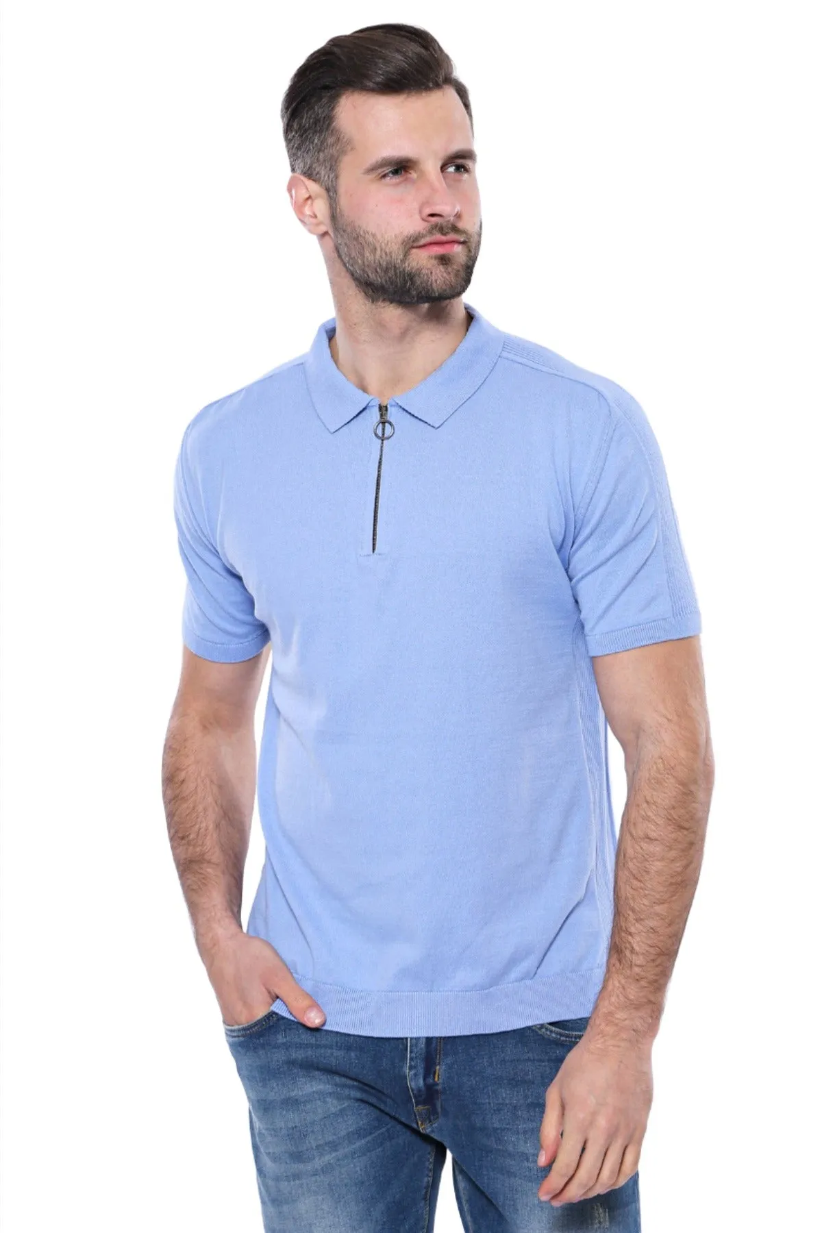 Polo Neck Plain Sky Blue Knitted T-Shirt - Wessi sold by Wessi