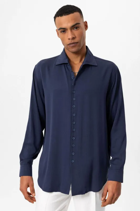 Men's Navy Blue Regular Fit Camp Collar Shirt - Wessi sold by Wessi