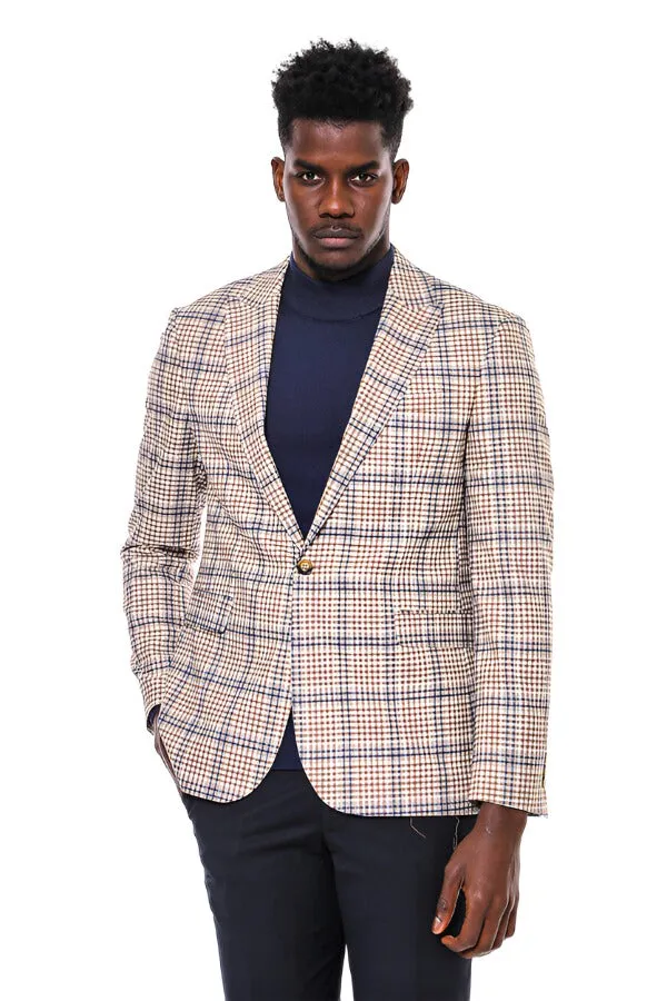 Plaid Slim-Fit Brown Blue Men Blazer - Wessi sold by Wessi
