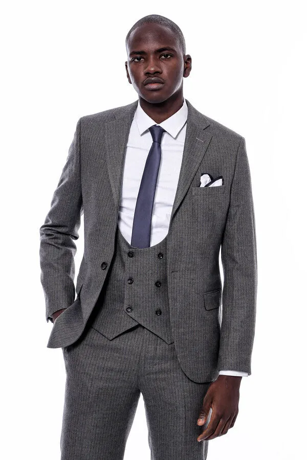 Striped Dark Beige Double Breasted Suit - Wessi sold by Wessi