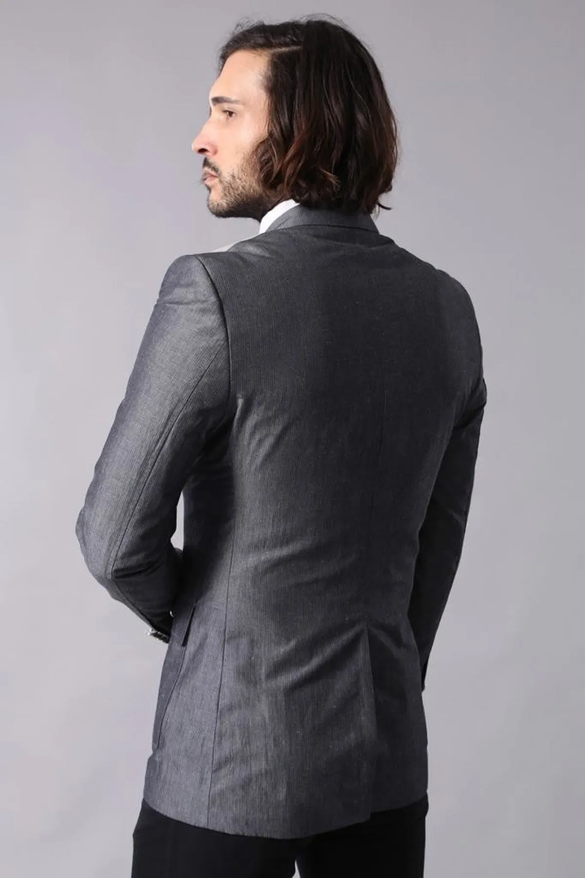 Double Button Bag Pocket Pointed Collar Grey Jacket-Wessi sold by Wessi product image thumbnail 4