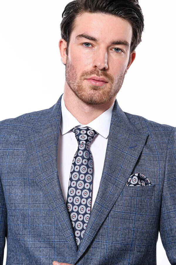 Checked Slim-Fit Single Button Navy Blue Men Blazer - Wessi sold by Wessi product image thumbnail 2