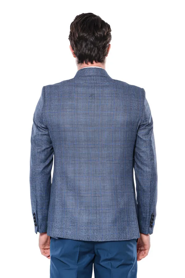 Checked Slim-Fit Single Button Navy Blue Men Blazer - Wessi sold by Wessi product image thumbnail 4