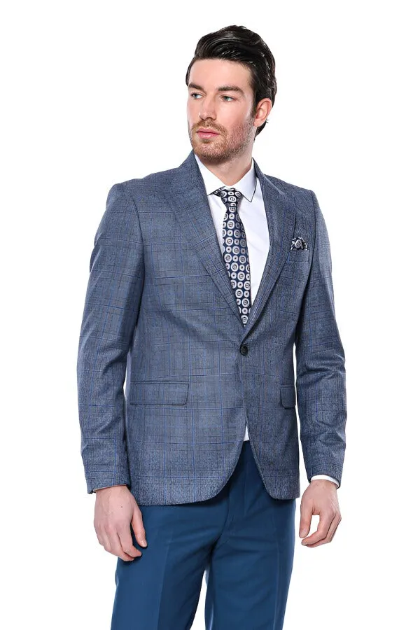 Checked Slim-Fit Single Button Navy Blue Men Blazer - Wessi sold by Wessi product image thumbnail 3