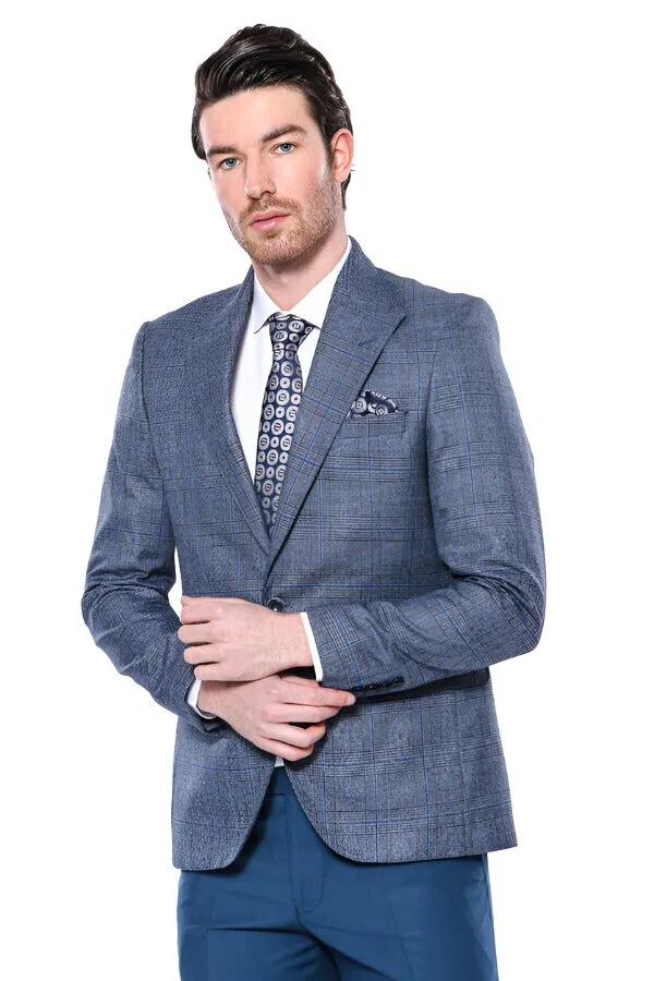 Checked Slim-Fit Single Button Navy Blue Men Blazer - Wessi sold by Wessi product image thumbnail 5