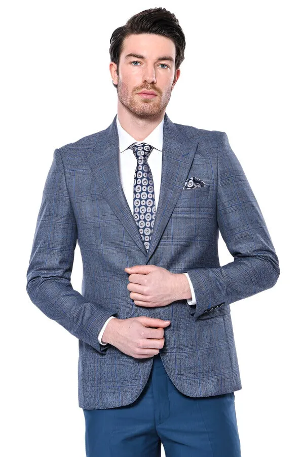 Checked Slim-Fit Single Button Navy Blue Men Blazer - Wessi sold by Wessi
