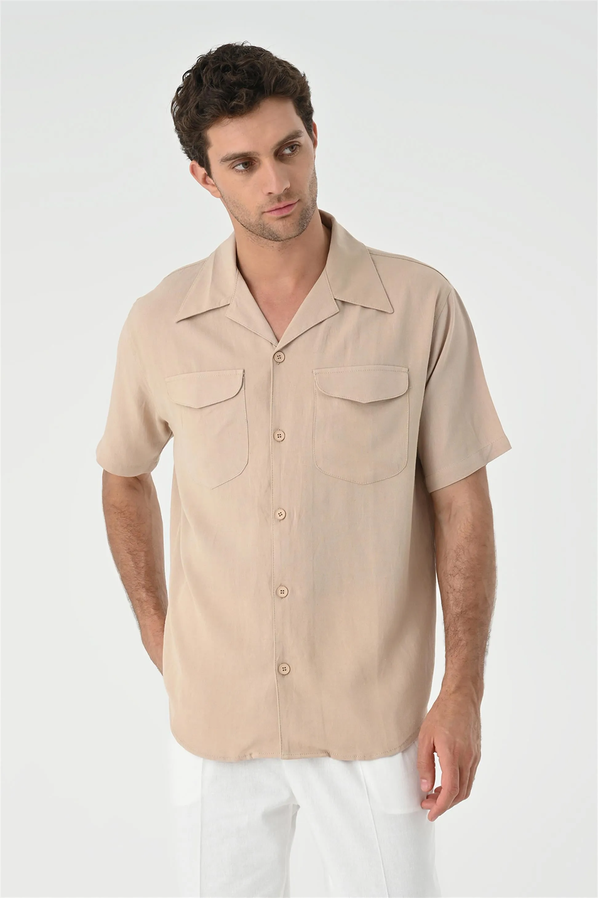 Men's Beige Camp Collar Pocket Detailed Shirt - Wessi sold by Wessi product image thumbnail 4
