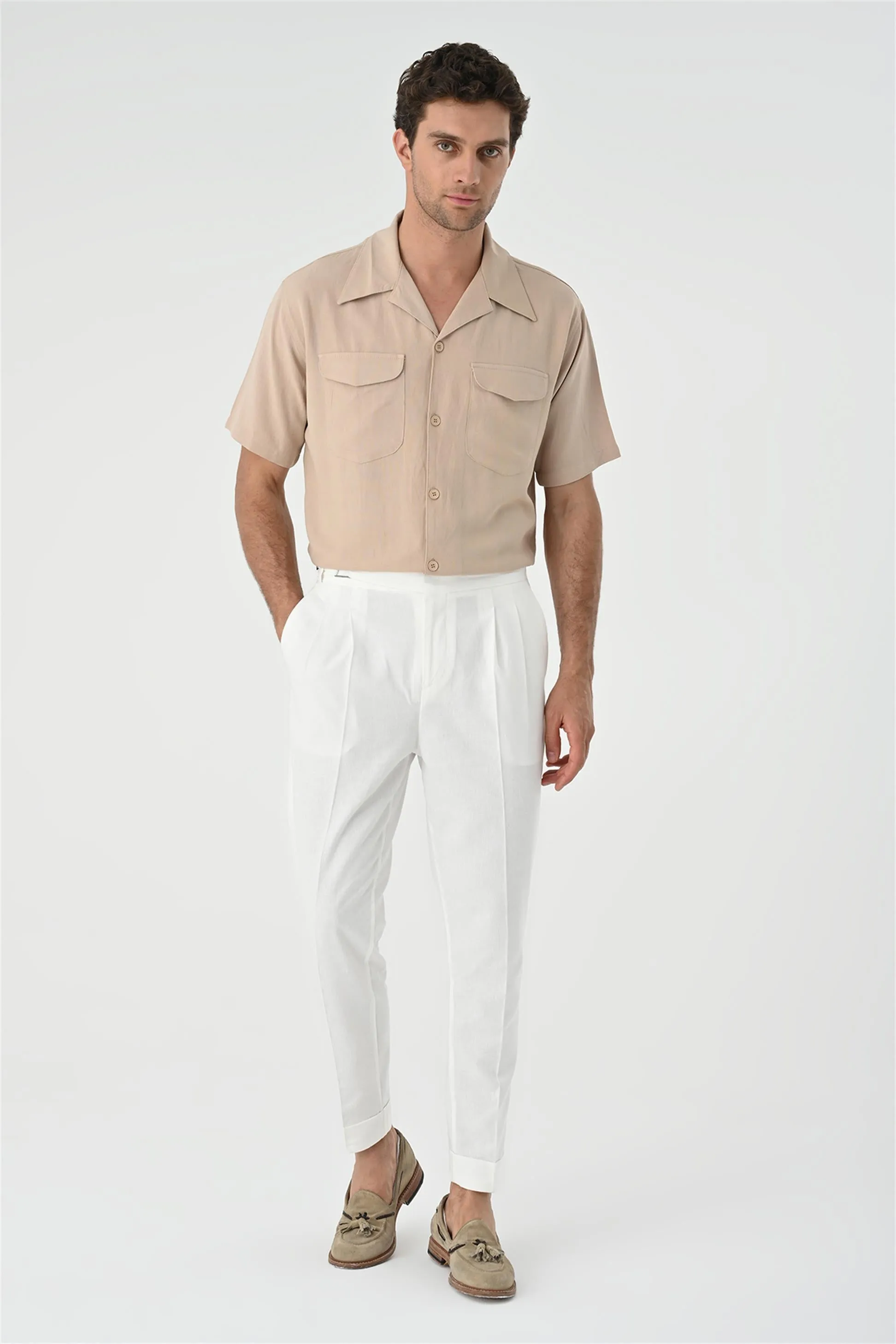 Men's Beige Camp Collar Pocket Detailed Shirt - Wessi sold by Wessi