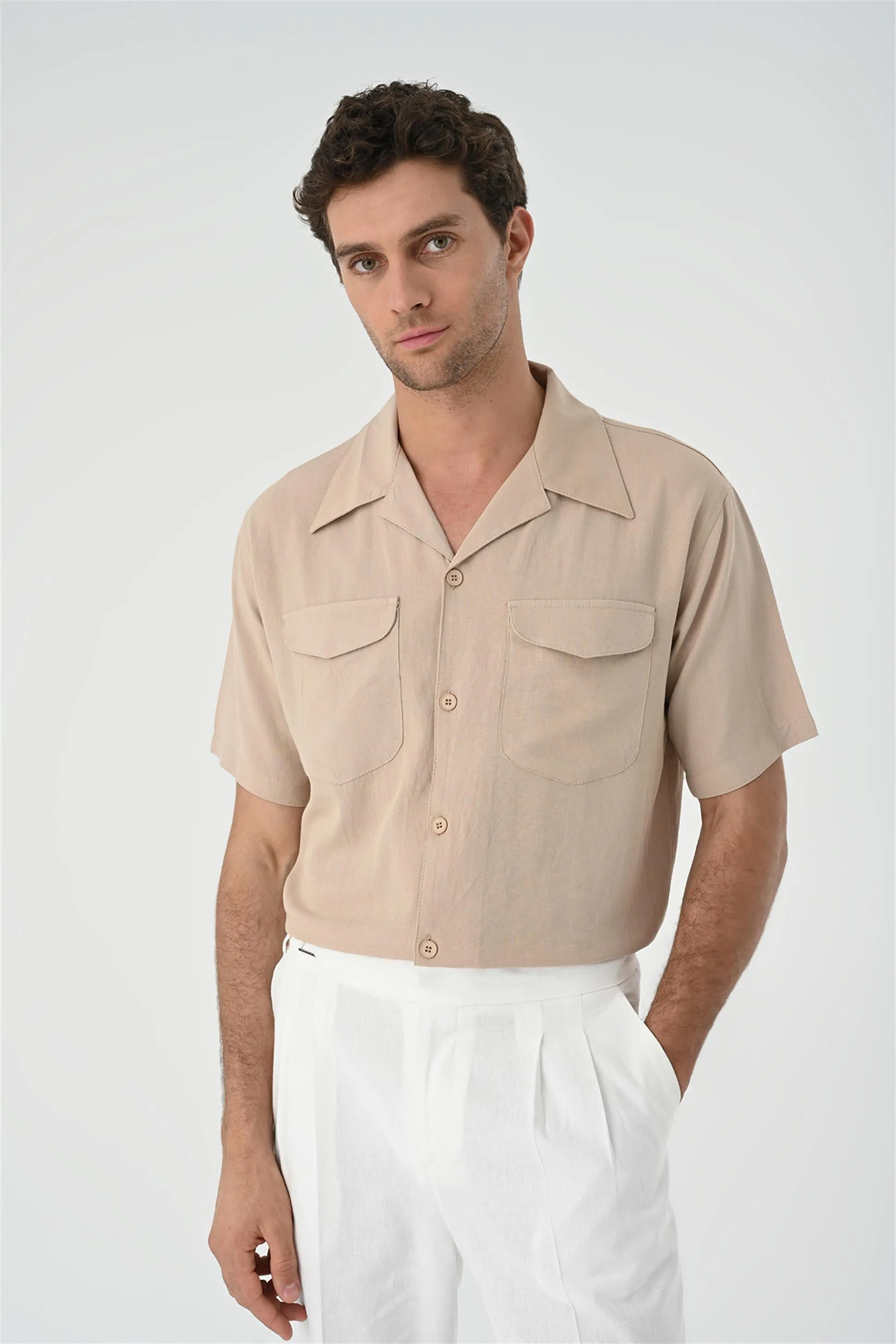 Men's Beige Camp Collar Pocket Detailed Shirt - Wessi sold by Wessi product image thumbnail 5