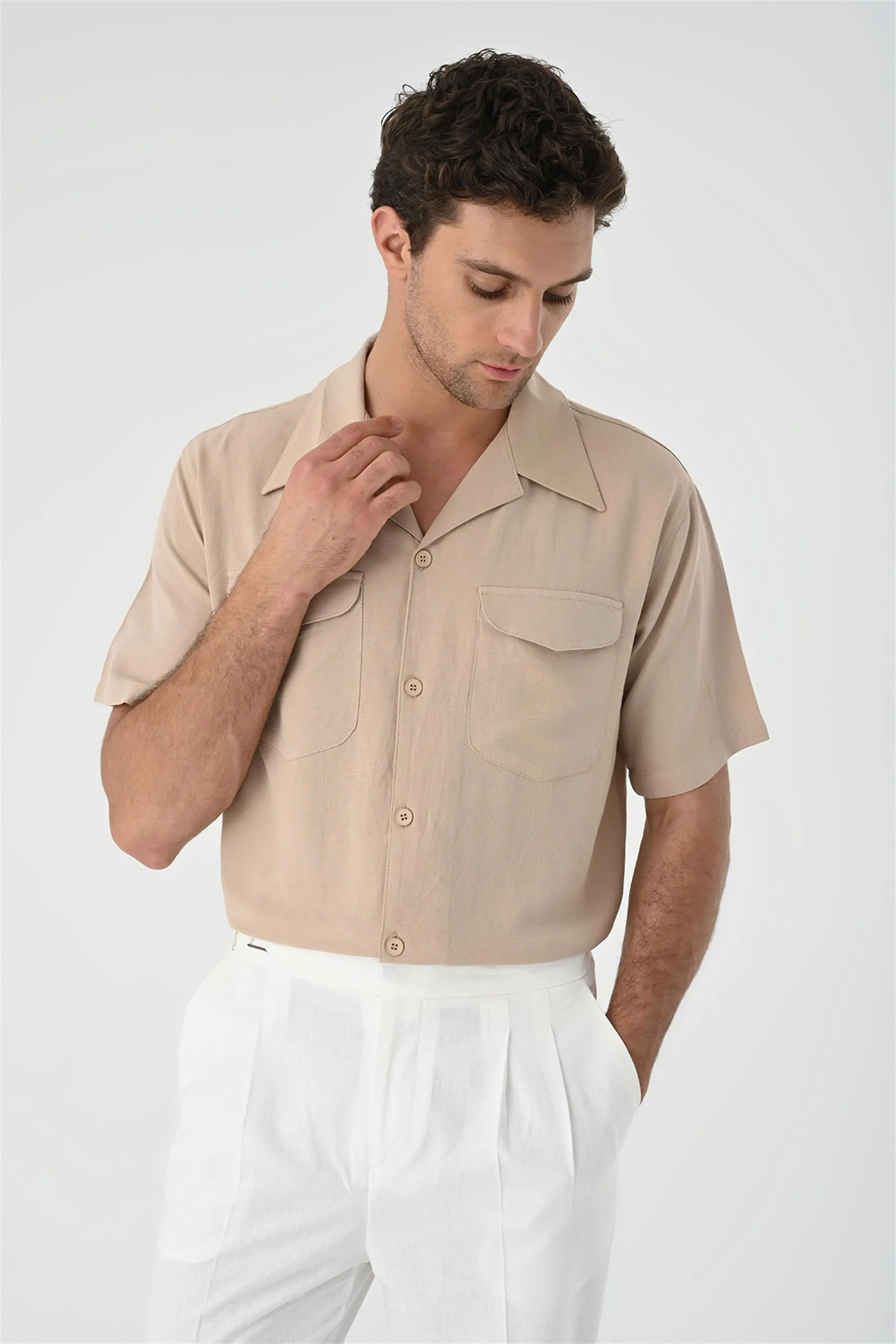 Men's Beige Camp Collar Pocket Detailed Shirt - Wessi sold by Wessi product image thumbnail 3