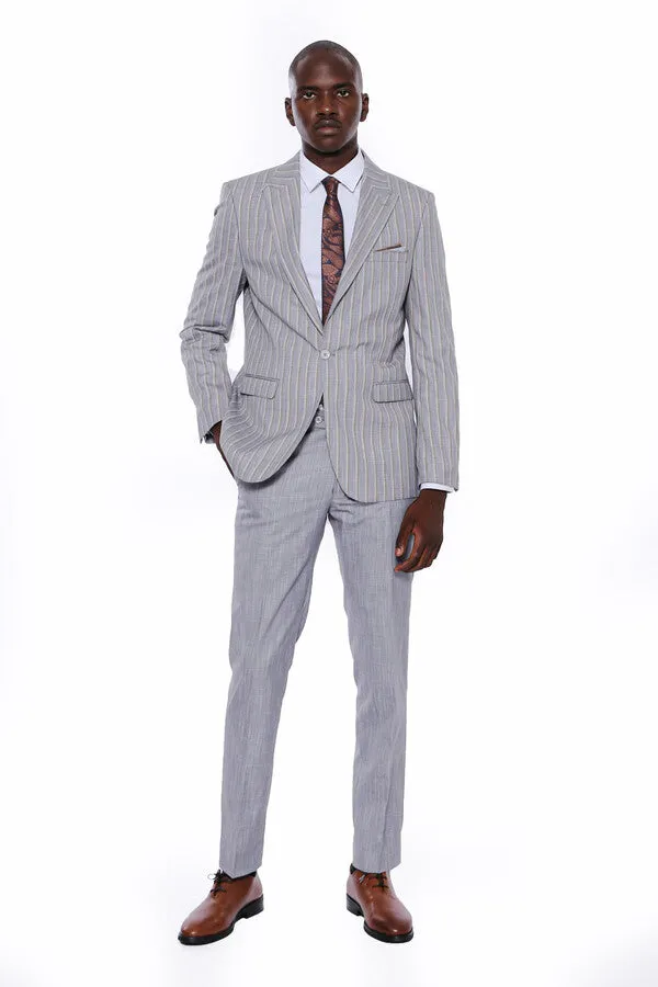 Striped Blazer Plain Pants Grey Men Suit - Wessi sold by Wessi product image thumbnail 2