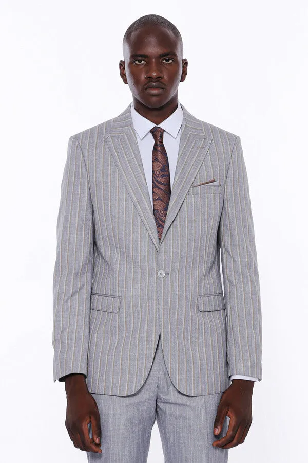 Striped Blazer Plain Pants Grey Men Suit - Wessi sold by Wessi product image thumbnail 5