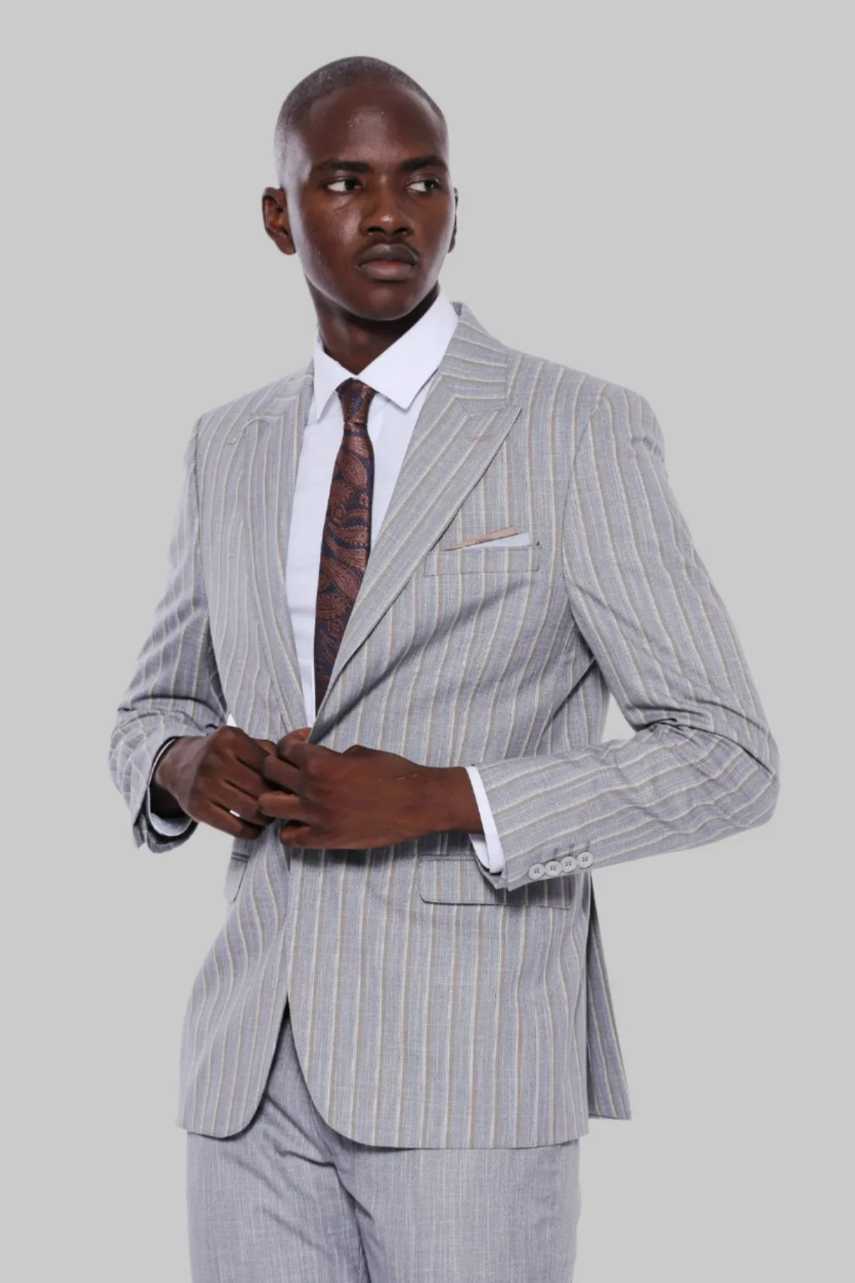 Striped Blazer Plain Pants Grey Men Suit - Wessi sold by Wessi