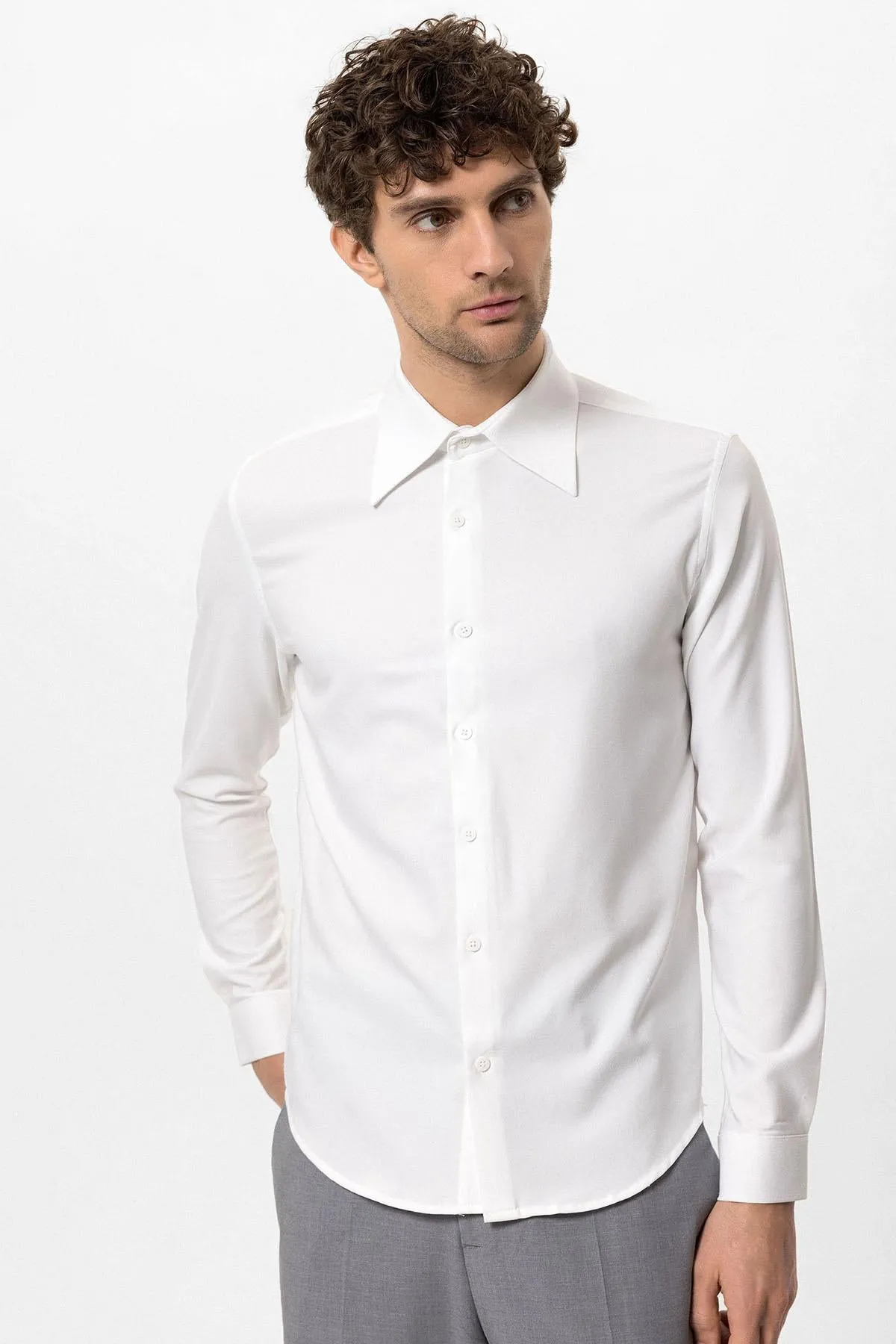 Men's White Slim Fit Long Sleeve Wide Collar Shirt - Wessi sold by Wessi product image thumbnail 2