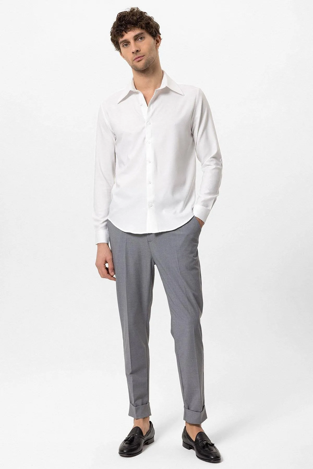 Men's White Slim Fit Long Sleeve Wide Collar Shirt - Wessi sold by Wessi product image thumbnail 4