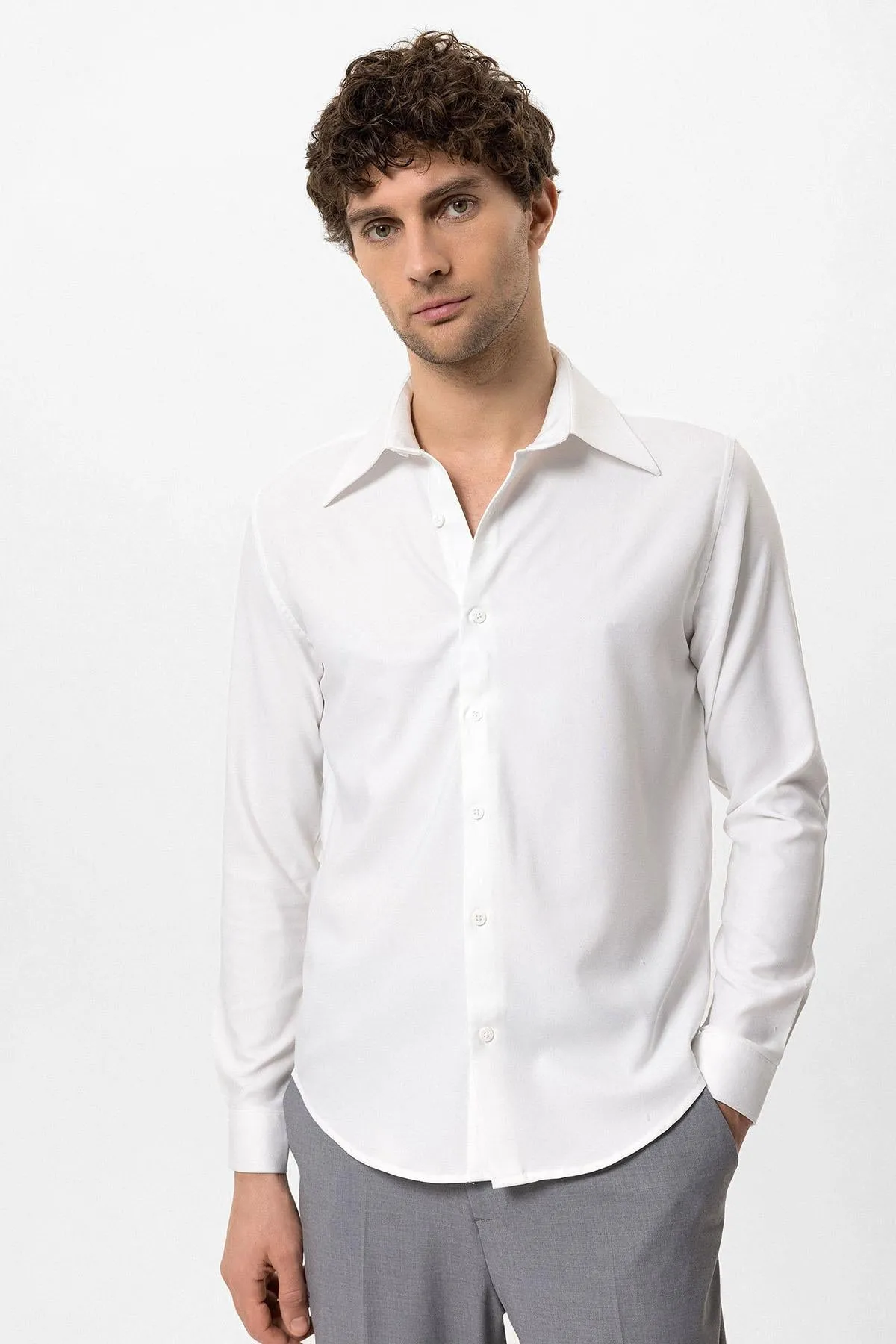Men's White Slim Fit Long Sleeve Wide Collar Shirt - Wessi sold by Wessi