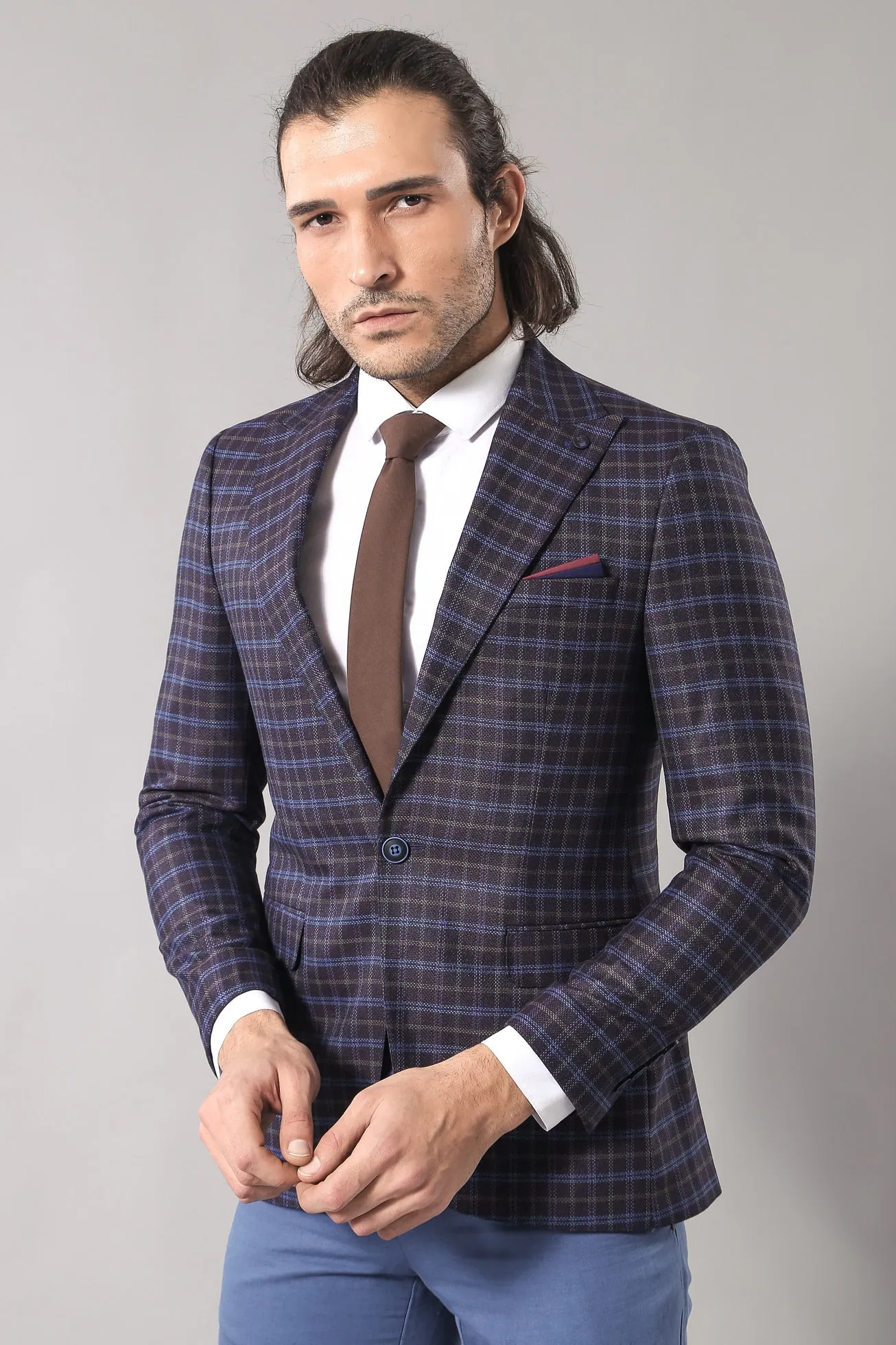 Double Breasted Plaid Burgundy Blazer - Wessi sold by Wessi