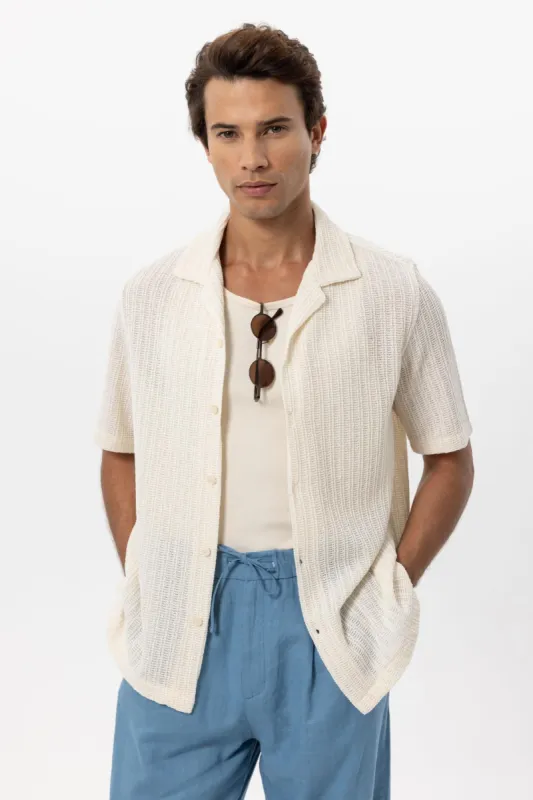 Men's Ecru Textured Crochet Shirt - Wessi sold by Wessi
