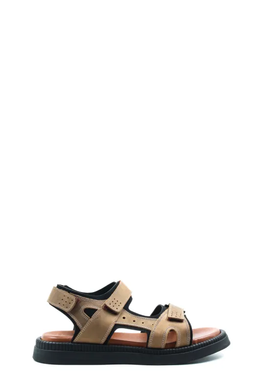 Men's Beige Leather Sandals with Adjustable Straps and Cushioned Footbed - Wessi sold by Wessi