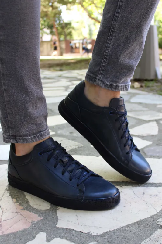 Men's Navy Blue Leather Casual Sneakers - Wessi sold by Wessi