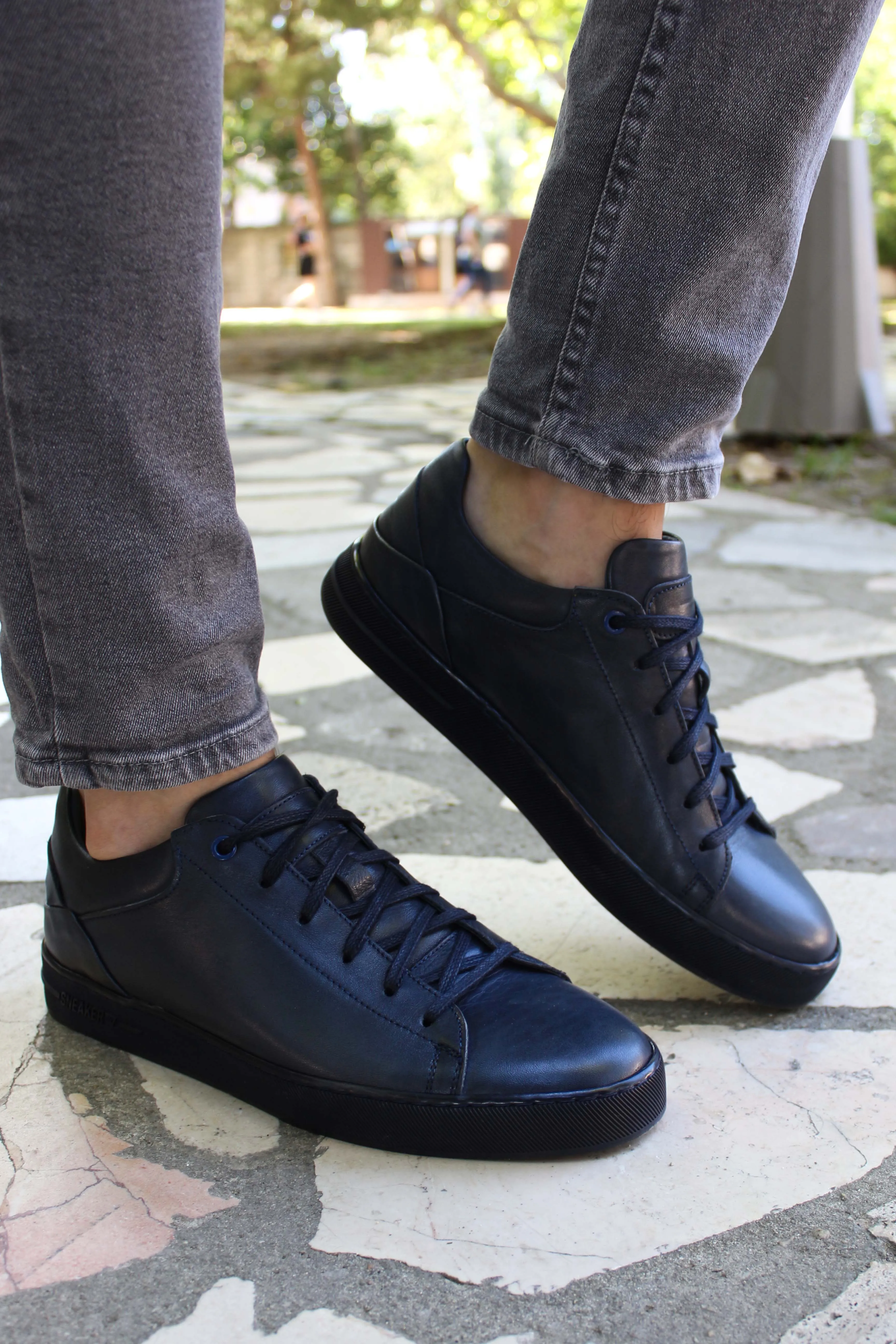 Men's Navy Blue Leather Casual Sneakers - Wessi sold by Wessi