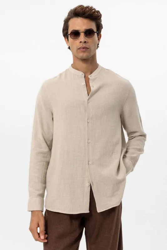 Men's Beige Mandarin Collar Woven Shirt - Wessi sold by Wessi