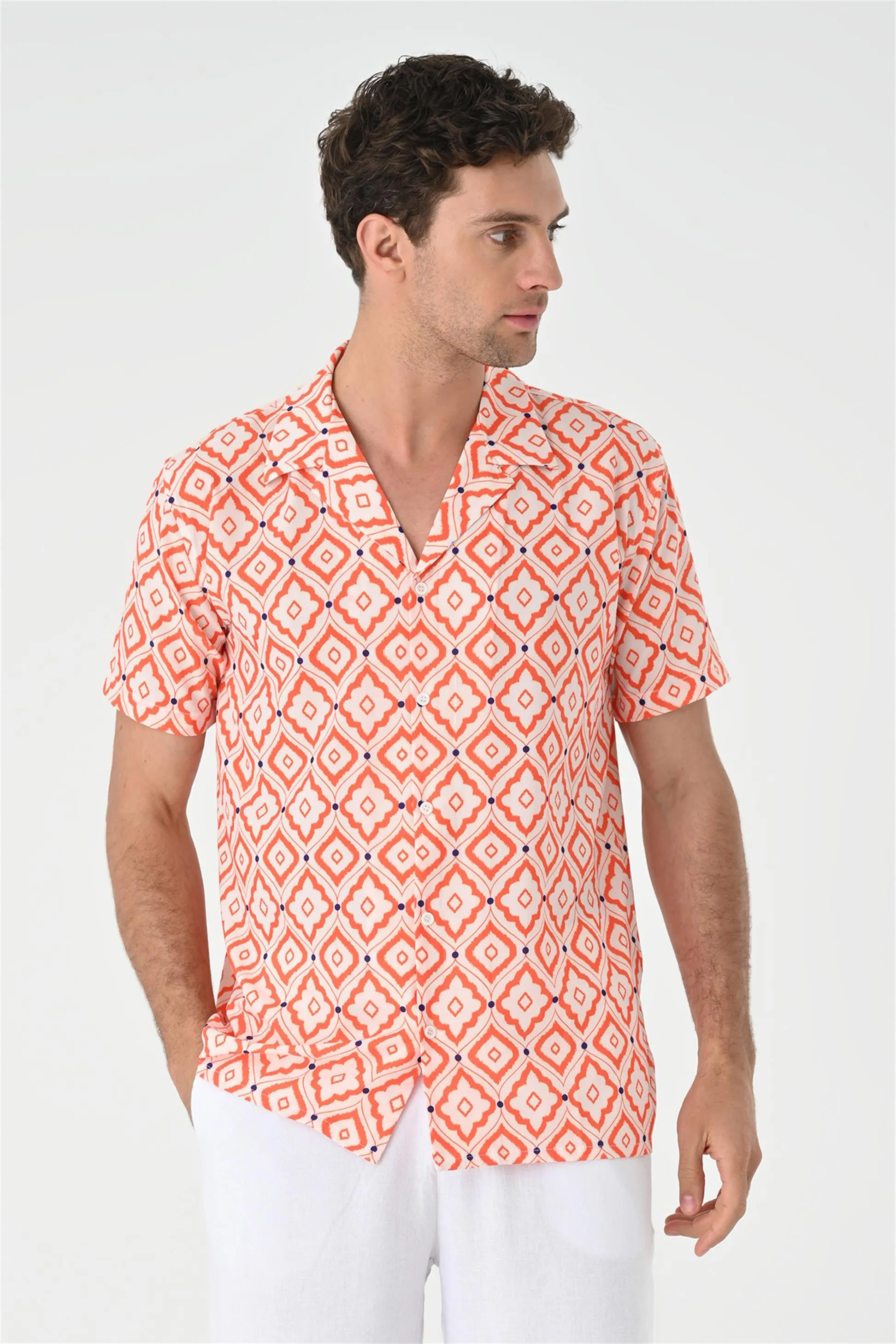 Men's Orange Ethnic Pattern Open Collar Short Sleeve Shirt - Wessi sold by Wessi product image thumbnail 4
