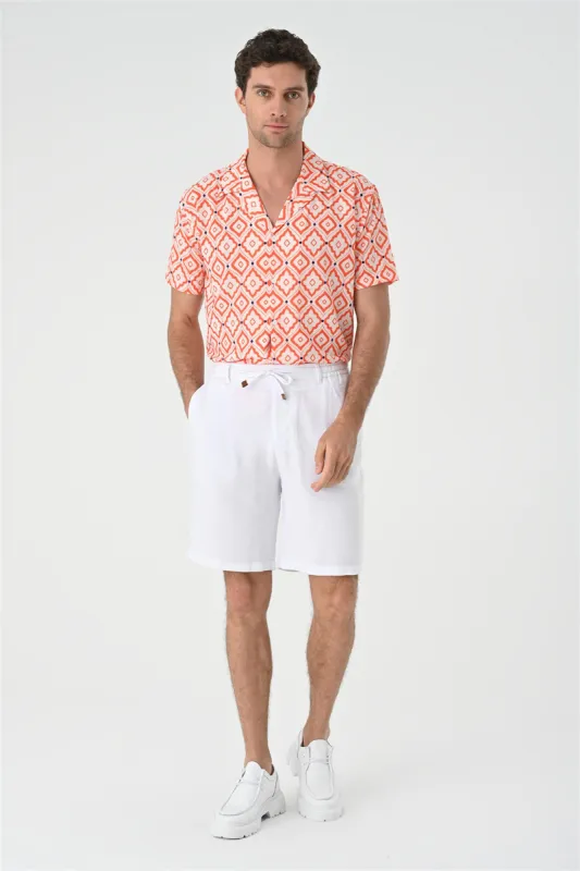 Men's Orange Ethnic Pattern Open Collar Short Sleeve Shirt - Wessi sold by Wessi