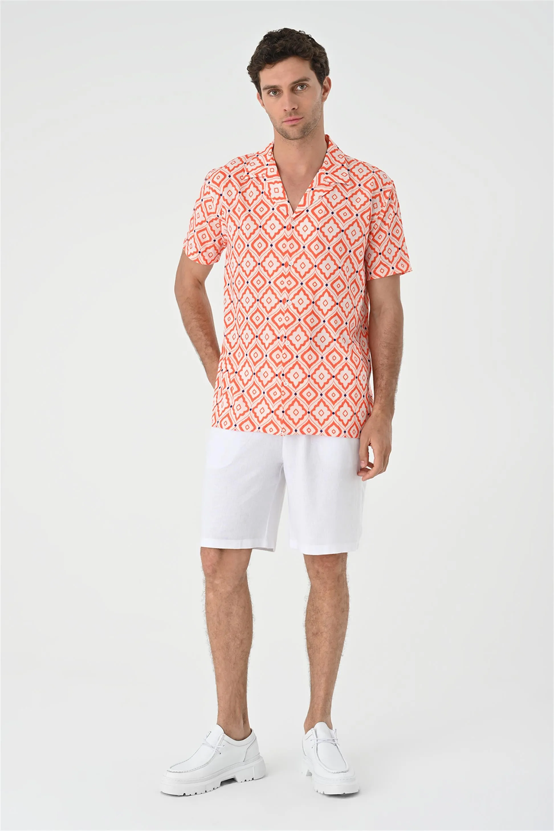 Men's Orange Ethnic Pattern Open Collar Short Sleeve Shirt - Wessi sold by Wessi product image thumbnail 5