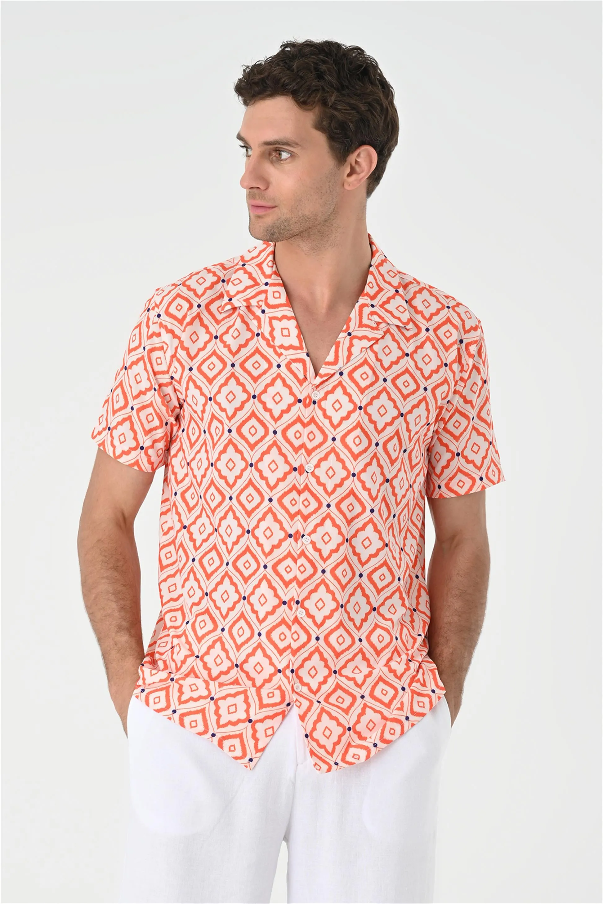 Men's Orange Ethnic Pattern Open Collar Short Sleeve Shirt - Wessi sold by Wessi product image thumbnail 2