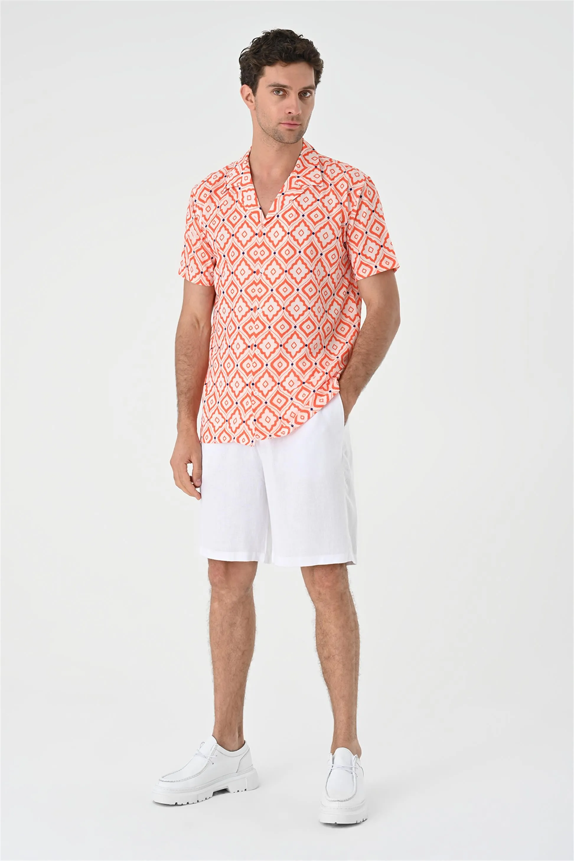 Men's Orange Ethnic Pattern Open Collar Short Sleeve Shirt - Wessi sold by Wessi product image thumbnail 3