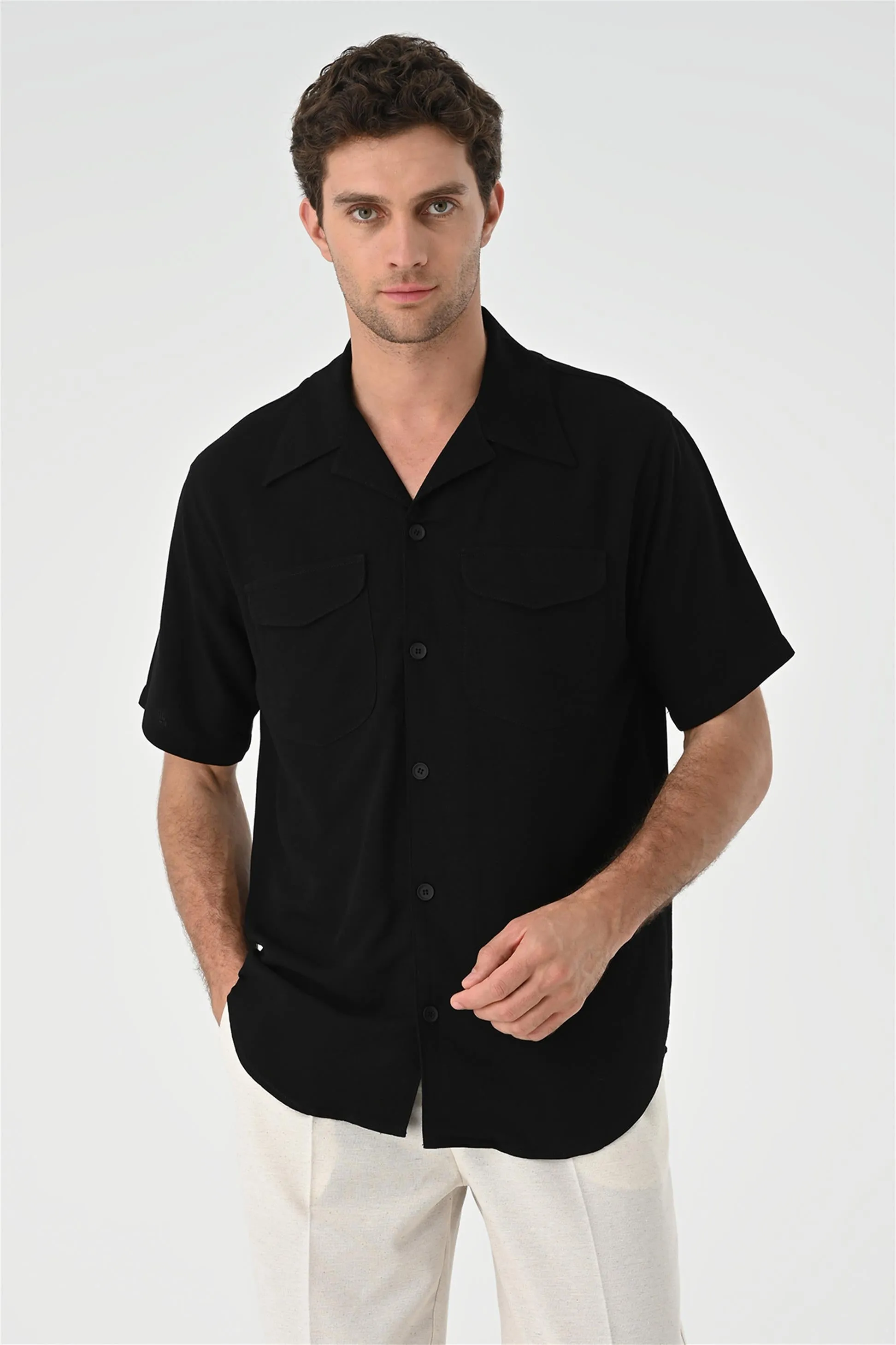 Men's Black Camp Collar Pocket Detailed Shirt - Wessi sold by Wessi product image thumbnail 3
