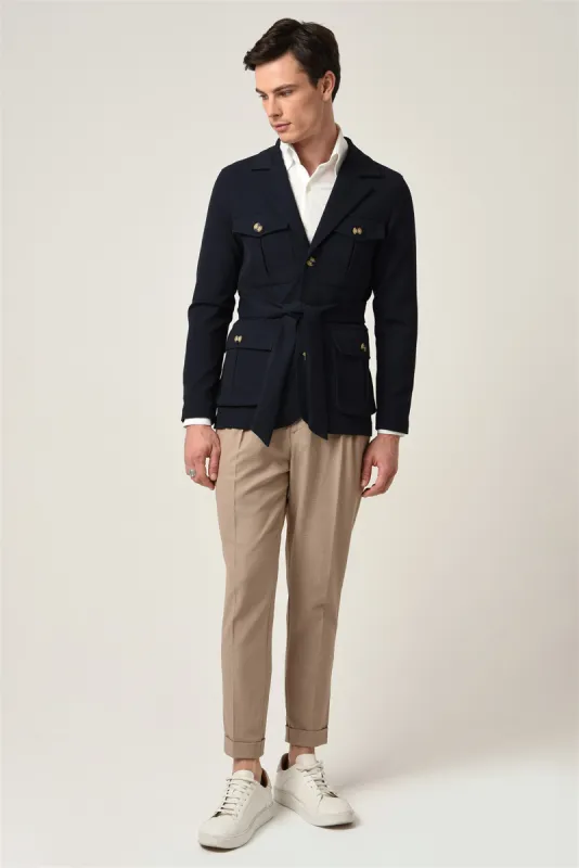 Men's Navy Blue Jacket Collar Belted Seasonal Coat - Wessi sold by Wessi