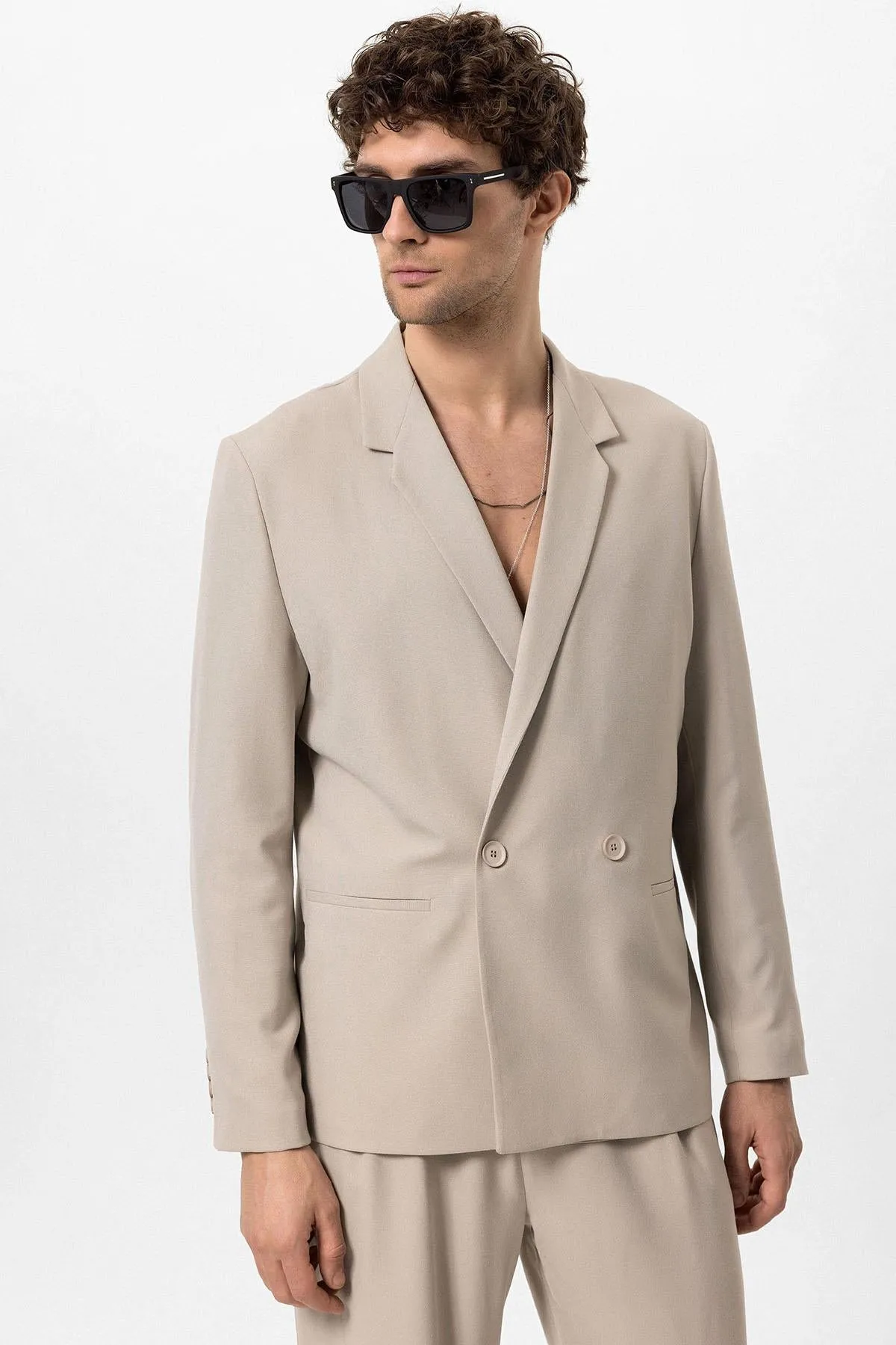 Men's Stone Single-Button Double-Breasted Blazer - Wessi sold by Wessi product image thumbnail 2