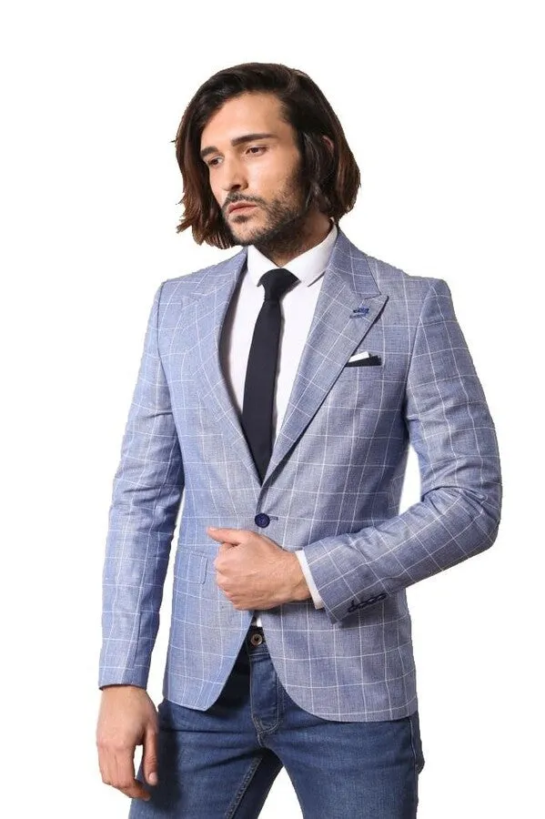 Single Button Wide Pointed Collar Blue Blazer - Wessi sold by Wessi