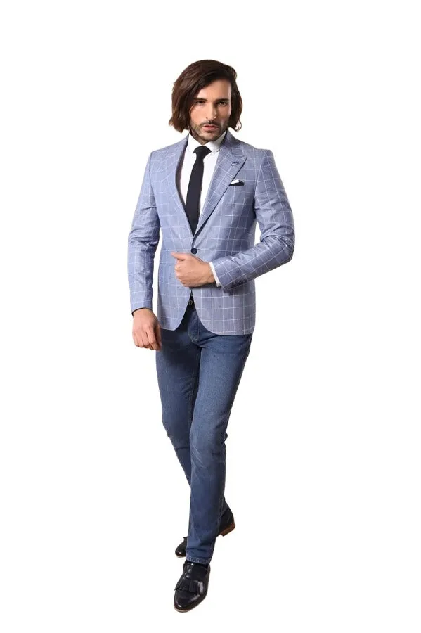 Single Button Wide Pointed Collar Blue Blazer - Wessi sold by Wessi product image thumbnail 3