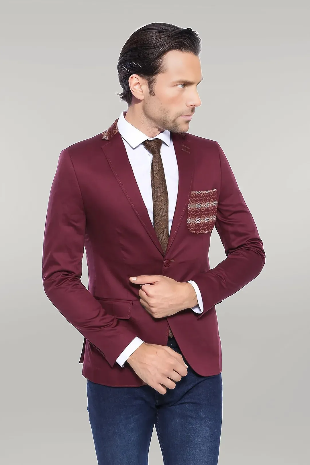 Double Buttons Knit Collar Mono Lapel Burgundy Jacket-Wessi sold by Wessi