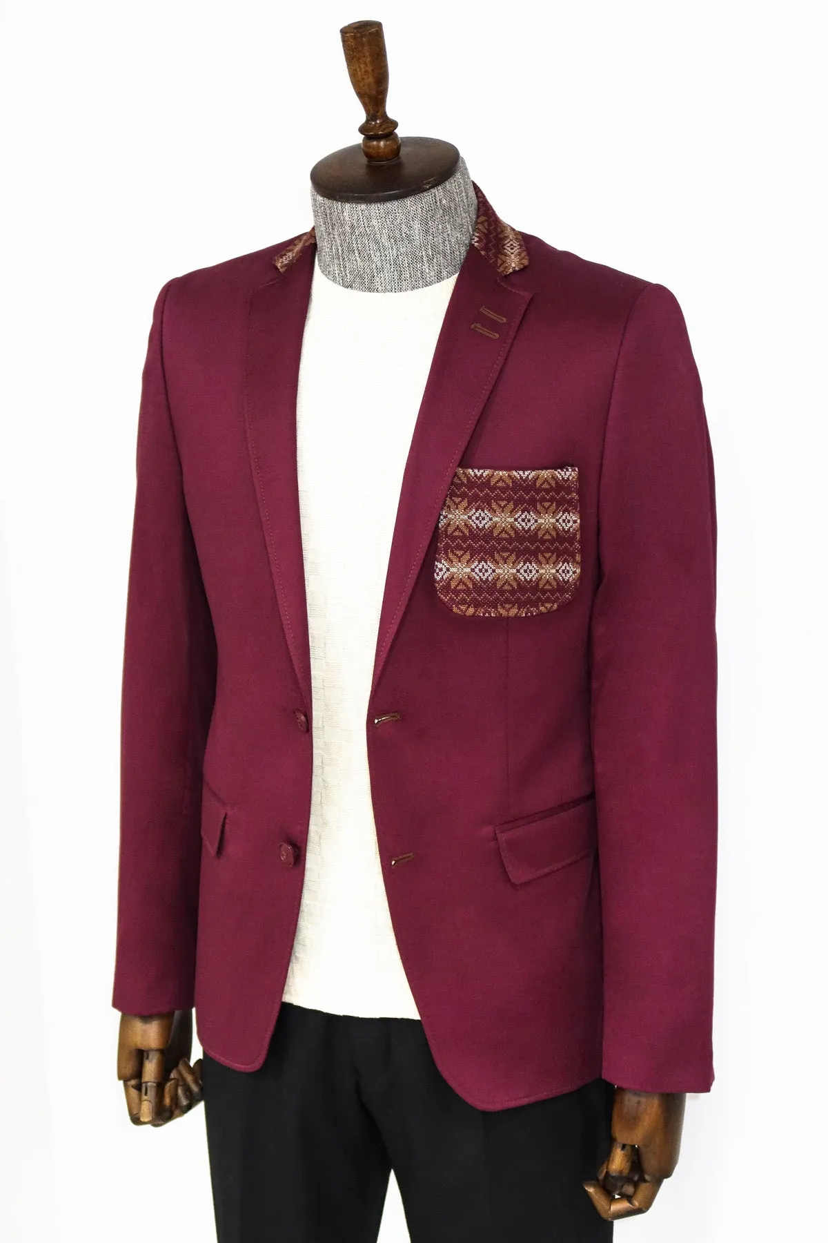 Double Buttons Knit Collar Mono Lapel Burgundy Jacket-Wessi sold by Wessi product image thumbnail 5