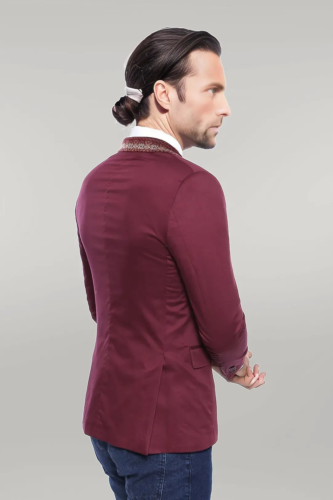 Double Buttons Knit Collar Mono Lapel Burgundy Jacket-Wessi sold by Wessi product image thumbnail 4