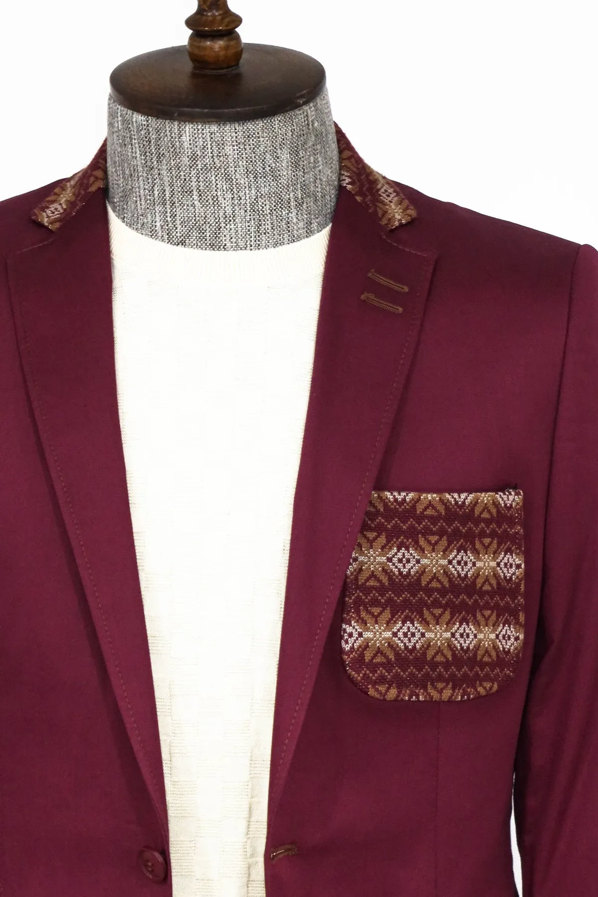 Double Buttons Knit Collar Mono Lapel Burgundy Jacket-Wessi sold by Wessi product image thumbnail 3