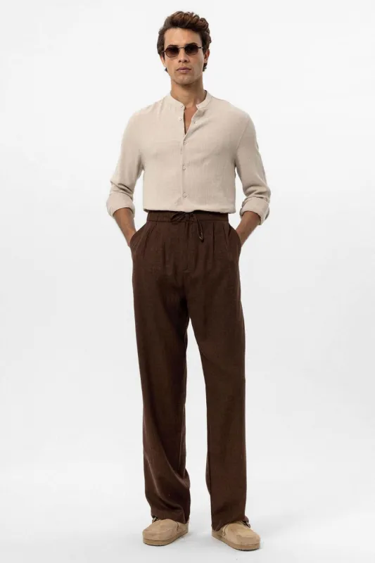Men's Brown Belted Linen Blend Pants - Wessi sold by Wessi
