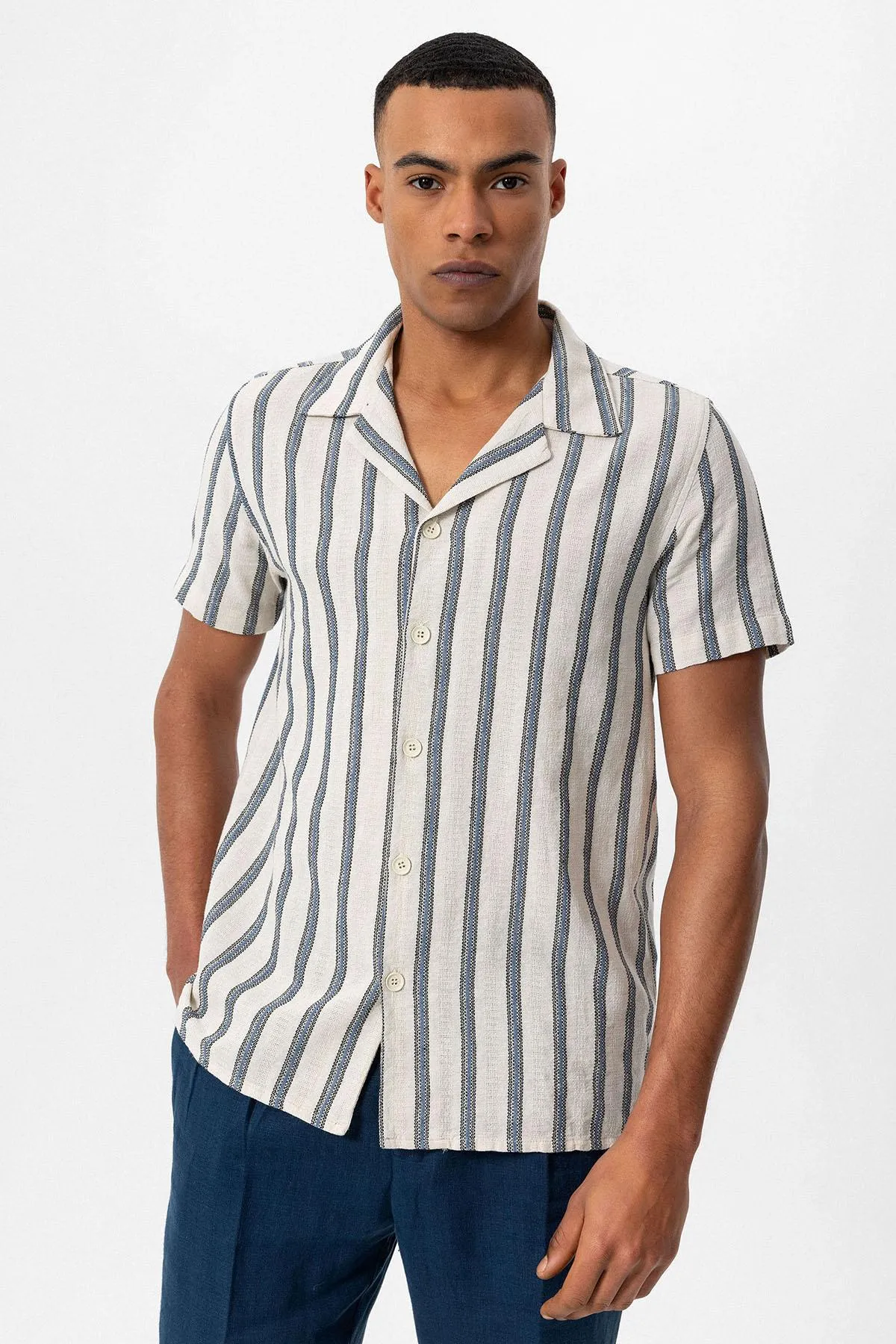 Men's Indigo Striped Camp Collar Shirt - Wessi sold by Wessi product image thumbnail 4
